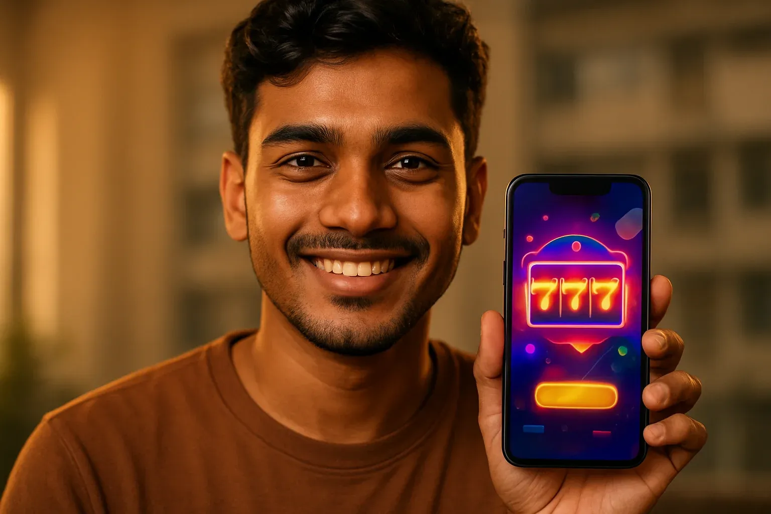 Young Bangladeshi man holding smartphone with colorful casino app interface