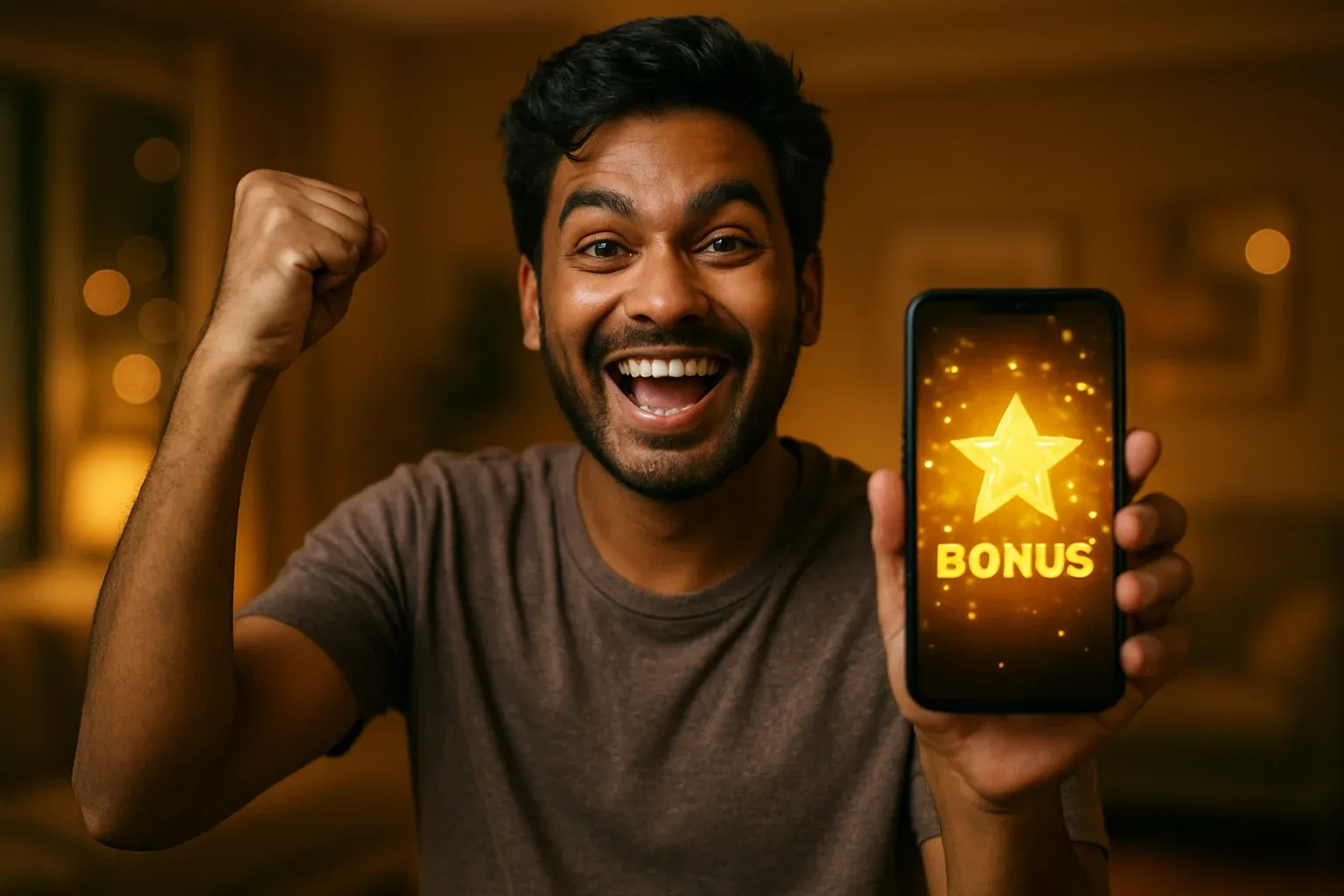 Joyful Bangladeshi man holding smartphone with glowing bonus notification screen