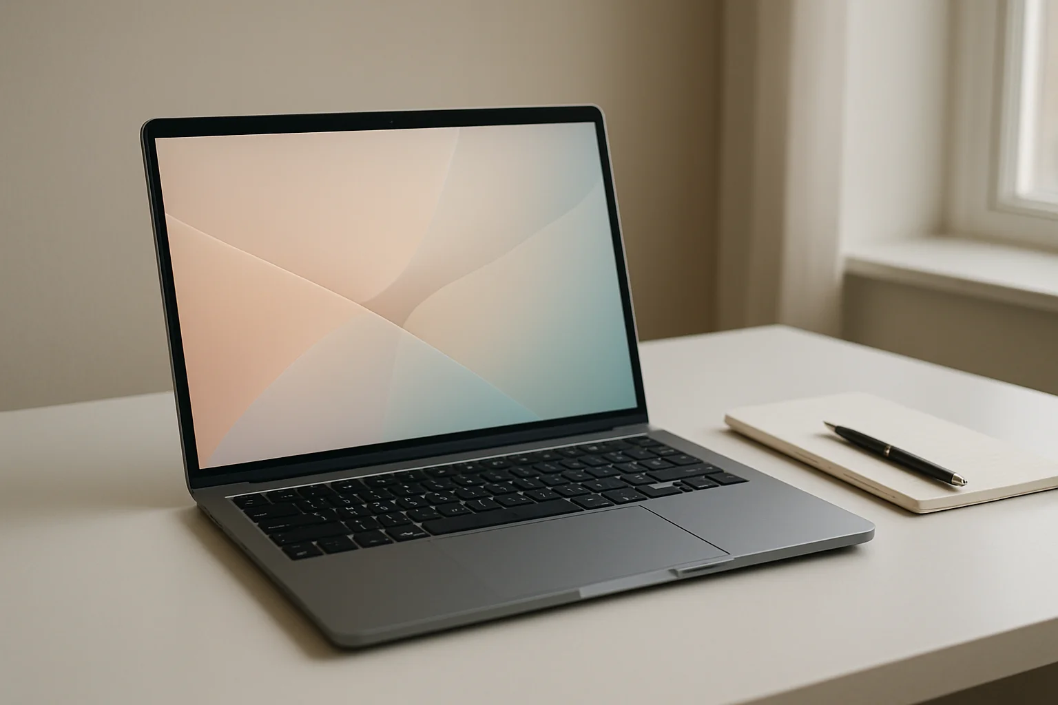 Modern laptop on white desk with abstract glowing screen