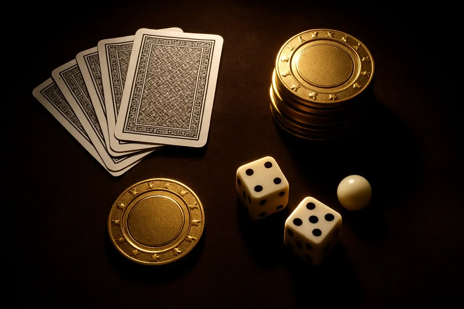 Golden casino chips, cards, dice, and roulette ball on dark velvet