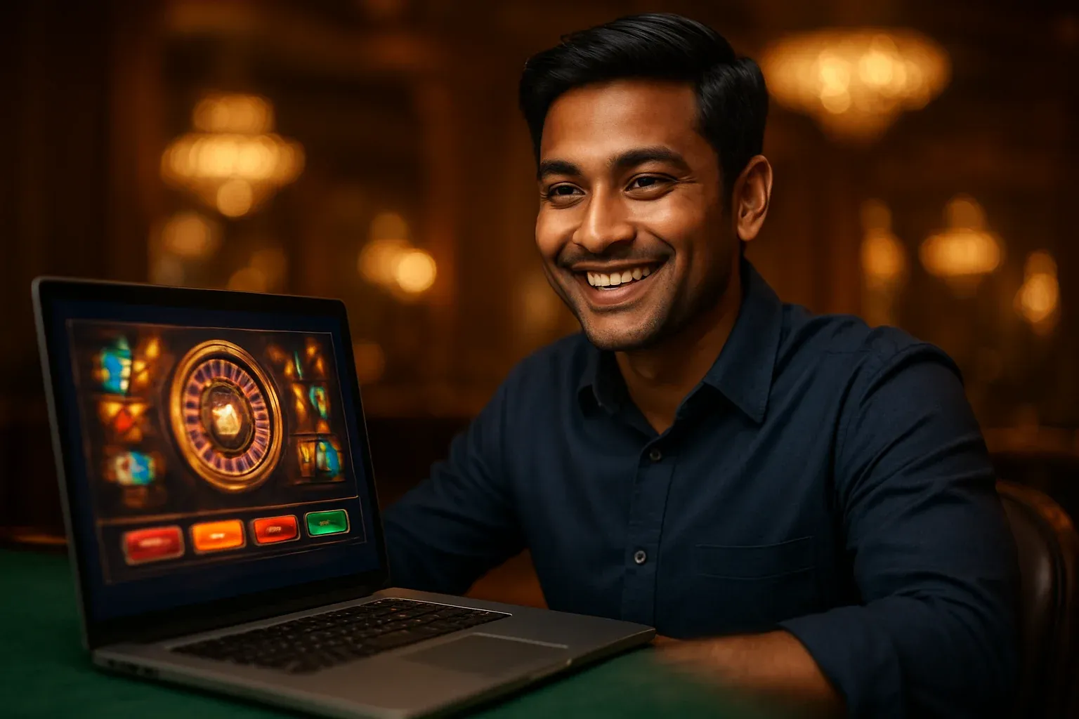 Cheerful Bangladeshi man with open laptop showing colorful casino interface