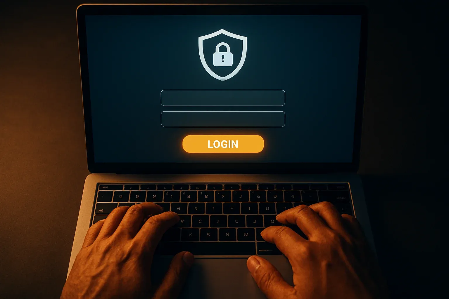Bangladeshi man's hands on laptop showing stylized login form