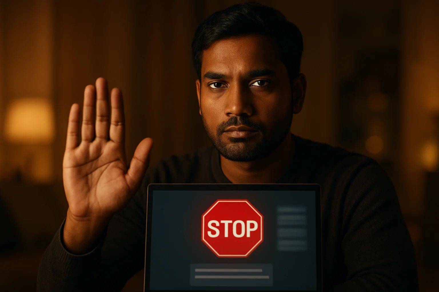 Bangladeshi man shows stop gesture beside laptop with responsible gambling screen