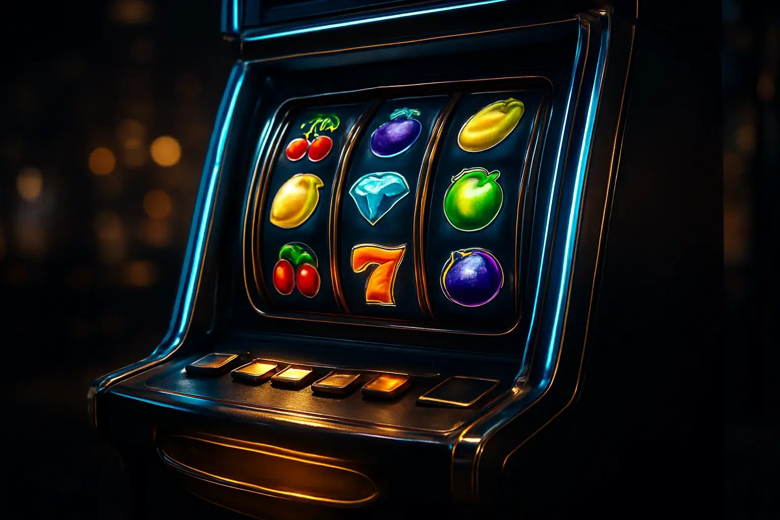 Hyperrealistic premium slot machine with glowing reels in dark luxury casino